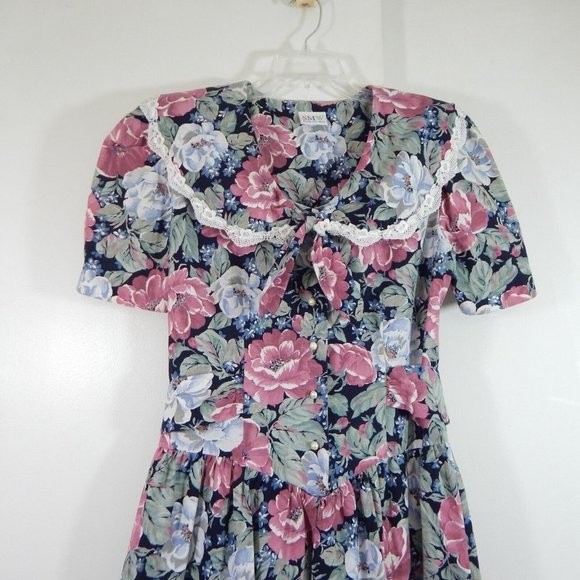 vintage 80s PRAIRIE DRESS COTTAGECORE floral pearl buttons midi puffy shoulder M - Picture 2 of 7